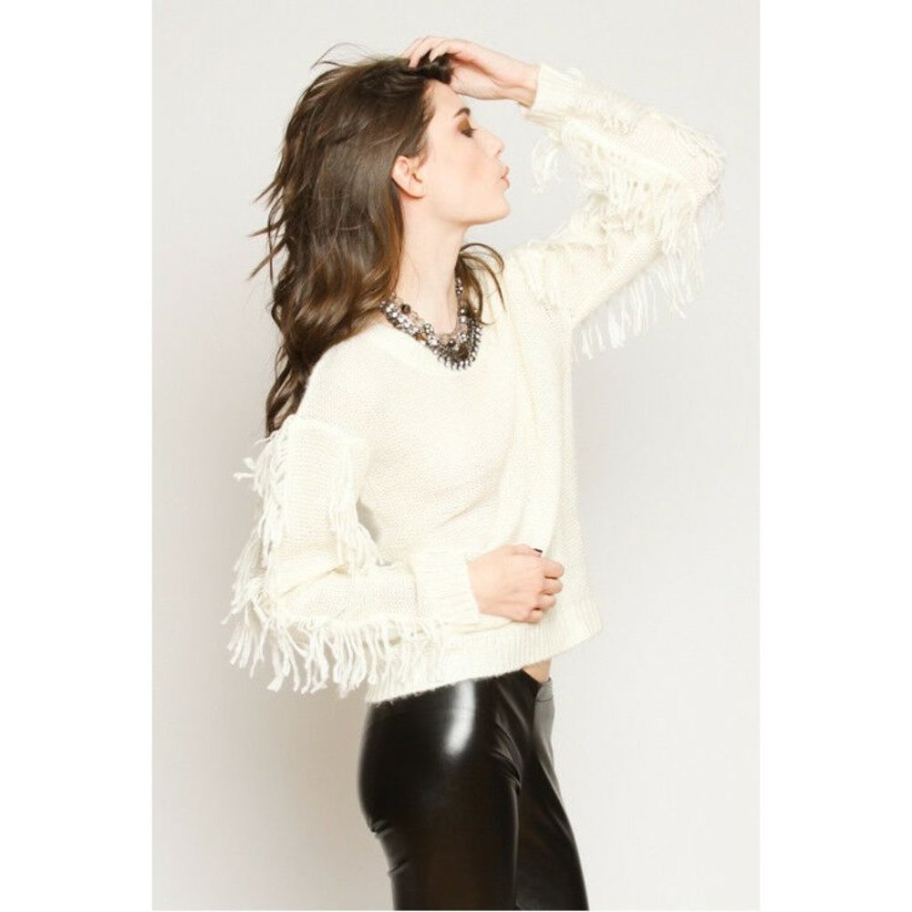 Line Dot Sweater Ivory Soft Fringe Crew Neck Pullover Size M/L
